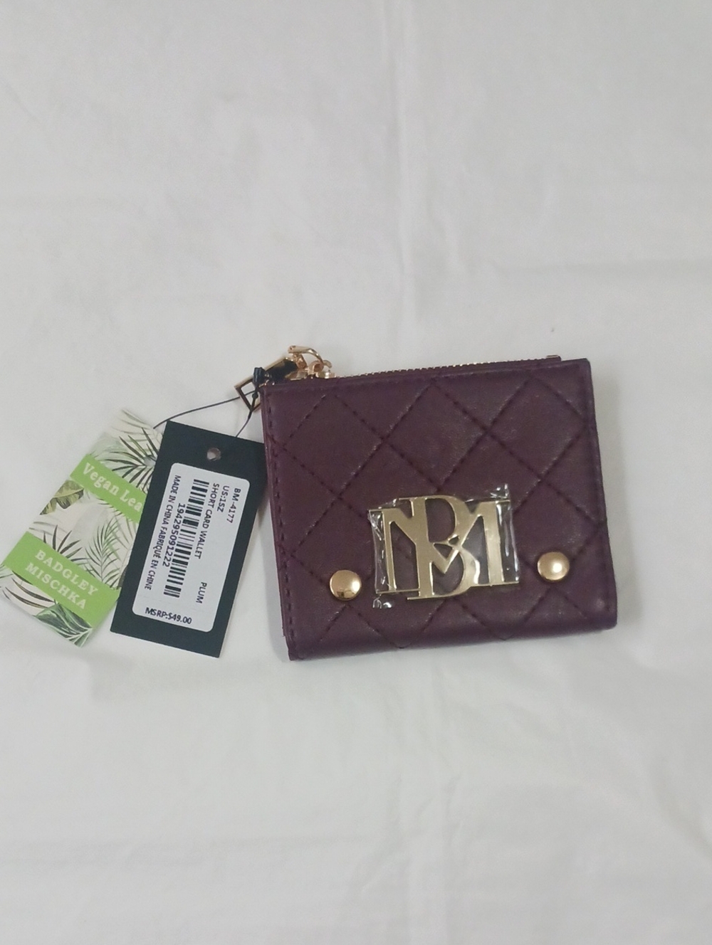 Badgley Mischka Quilted Deep Plum Card Wallet with Gold Hardware